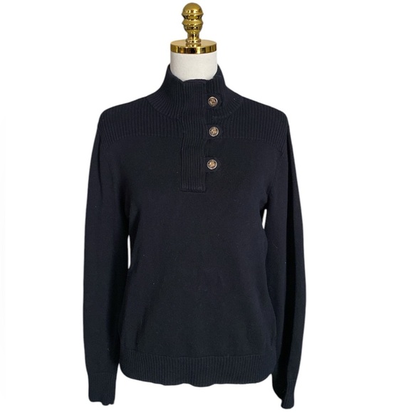 LAUREN RALPH LAUREN Black Mock Neck Button Snap Women's Knit Sweater Cotton Sz L - Picture 1 of 8